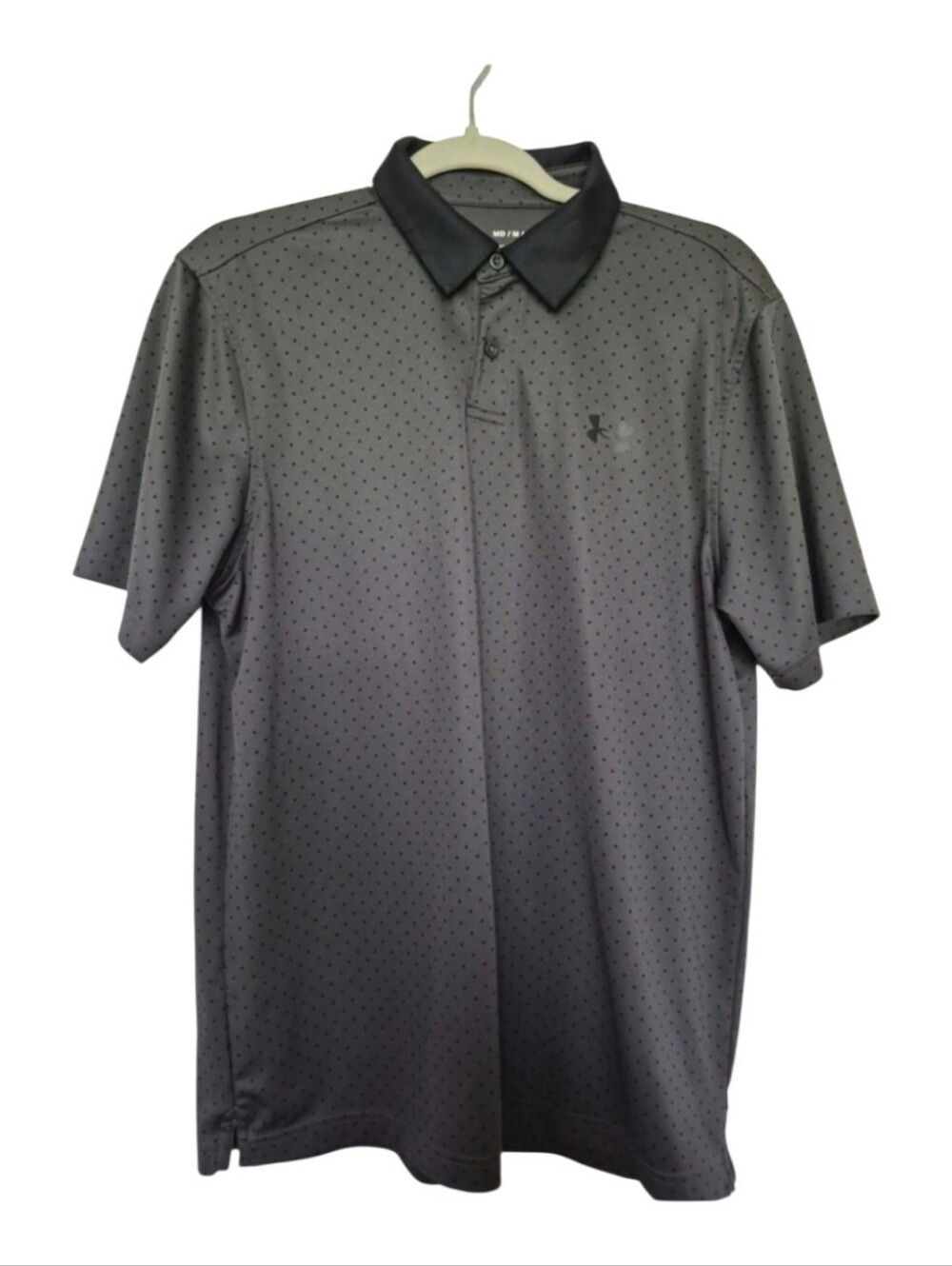 Under Armour Mens Size Medium Gray And Black Polka Dot Performance Polo